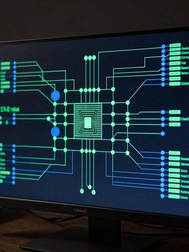 A highly structured, clean architectural system diagram on a dark monitor, glowing green and blue nodes connected by precise lines, high-contrast studio lighting.