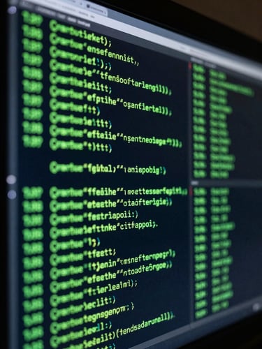 Extreme close-up of a dark terminal screen displaying complex C++ runtime execution logs, glowing laser-green text, sharp contrast, low-key server room lighting.