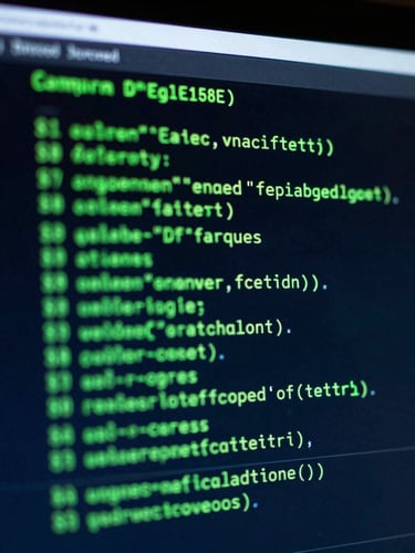 Extreme close-up of a terminal screen displaying low-level system code, high-contrast dark theme with sharp laser-green and cool blue light, shallow depth of field.