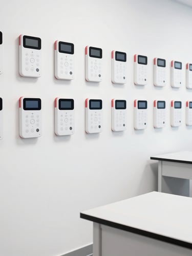 Bright modern training facility setup with organized smart intercom wall mounts, laboratory testing benches, clean white background, sharp crimson accents, 50mm lens