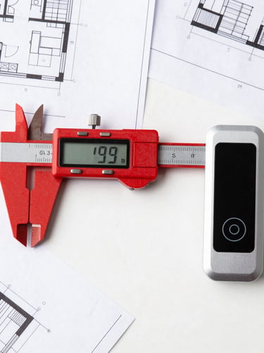 Top-down orthographic view of architectural blueprints laid on a white desk with a red digital caliper and a sleek smart access door controller, crisp lighting
