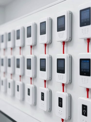 Crisp technical training lab, neat rows of smart intercom terminals and access control boards mounted on testing racks, bright studio lighting, red cabling accents