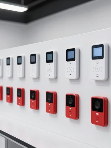 A clean modern training facility setup with smart intercom units mounted on testing panels, organized laboratory environment, bright studio lighting, red accents, 50mm lens