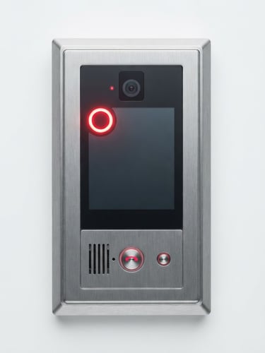 Front-on technical orthographic shot of a sleek brushed-metal smart intercom terminal with a glowing red access indicator, bright studio lighting, clean white background, sharp crimson accents, 50mm lens