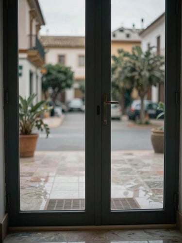 Documentary close-up of a cleaned residential portal entrance in Málaga, overcast daylight from a glass door, polished floor tiles reflecting ambient light, no people, sharp environmental detail