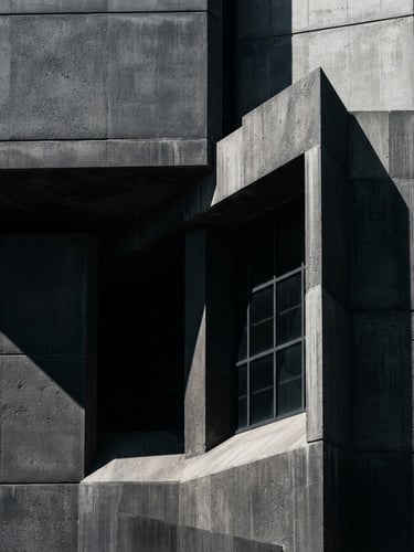 A tight geometric crop of modern corporate concrete architecture with sharp daylight shadows, deep slate and obsidian tones, minimalist composition.