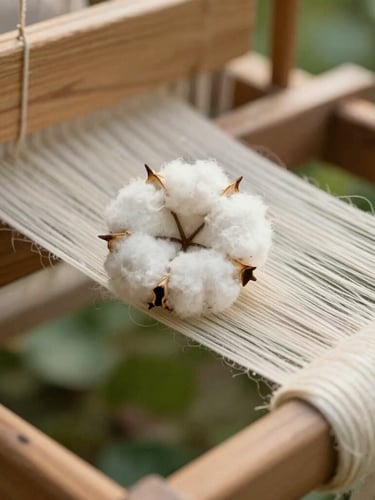 Close-up macro shot of raw organic cotton fibers being spun into fine thread on a traditional wooden loom, soft natural morning light, shallow depth of field, 35mm