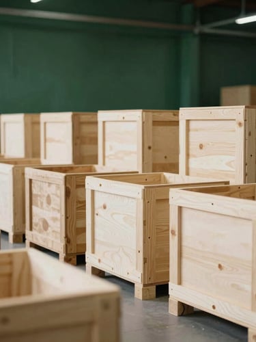 Neatly organized, high-end warehouse packaging facility with structured wooden crates ready for export, soft architectural lighting