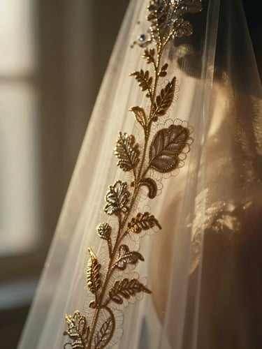 Extreme close-up of delicate lace and gold embroidery on a wedding veil, soft natural window light, shallow depth of field, cinematic warm tones.