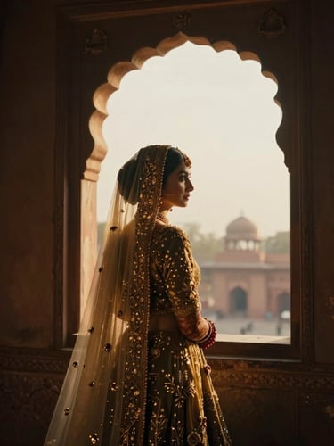 A cinematic, low-key portrait of a bride looking out of a historic arched window in Delhi, golden-hour light catching the intricate gold embroidery of her veil, deep shadows, rich warm tones.