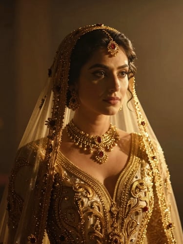 Cinematic 35mm anamorphic portrait of a bride in heavy gold embroidery, dramatic golden-hour backlighting, deep shadows, rich warm tones, shallow depth of field, off-center composition with negative space.
