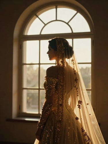 Cinematic 35mm anamorphic wide shot of a bride in a heavy gold-embroidered veil looking out of a high-contrast arched window, dramatic golden-hour backlighting, deep shadows.