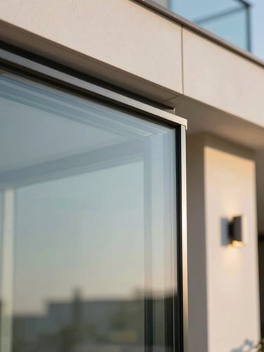 Macro architectural detail of double-glazed insulated glass panel edge, showcasing the thermal break aluminum profile and structural silicone seal.