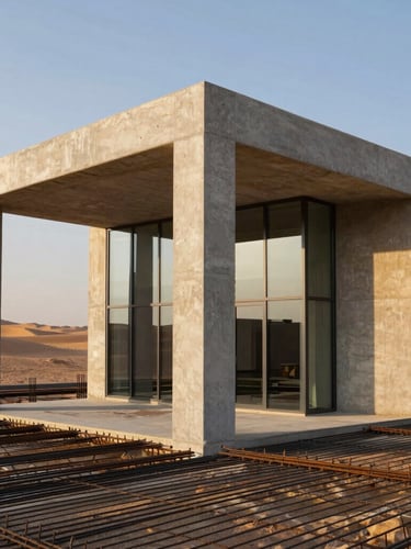 Clean raw concrete pillars and reinforced steel rebar grid before pouring, sharp golden hour desert sunlight casting long shadows, architectural precision, 35mm lens