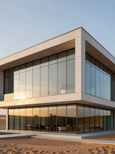 Wide architectural shot of a modern minimalist Saudi villa with a massive double-height structural glass facade reflecting golden hour desert sunlight, clean steel frames, ultra-clear glass, sharp lines.