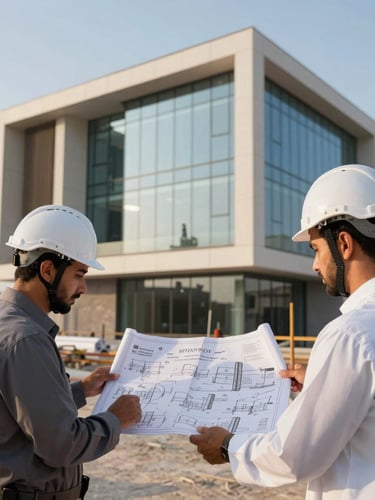 Side shot of two Saudi engineers in white helmets on an active construction site, reviewing large blueprints with a modern steel-and-glass building skeleton in the background, sharp golden hour sunlight, architectural photography.