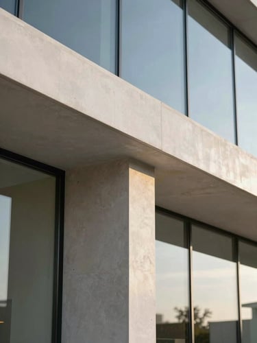 Close-up of a modern interior architectural detail, clean lines where a concrete column meets a crisp glass facade, soft sunlight filtering through, high-contrast minimal composition.
