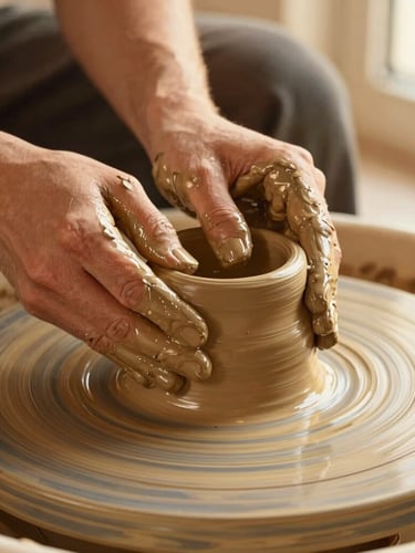 Close-up of wet clay being shaped by hands coated in slip on a spinning potter's wheel, warm golden-hour light catching the texture of the clay, shallow depth of field.