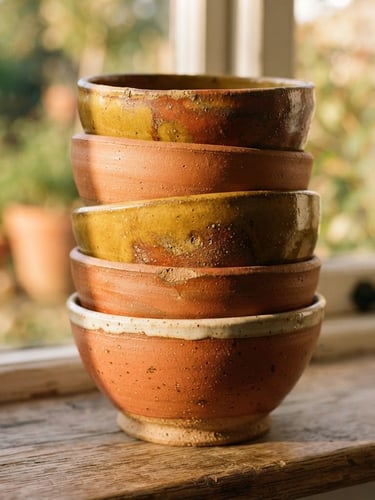 A stack of colorful, heavy-bottomed ceramic bowls showing glaze variations in terracotta and mustard, warm golden-hour window light, tactile clay textures, shallow depth of field