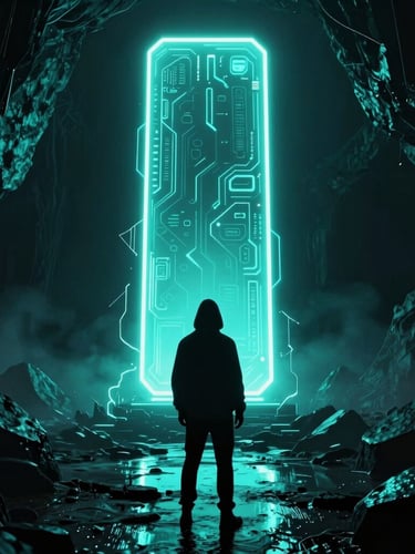 A mysterious hooded figure looking at a colossal glowing neon monolith in a dark, hazy cavern, electric cyan light reflecting off wet rock.