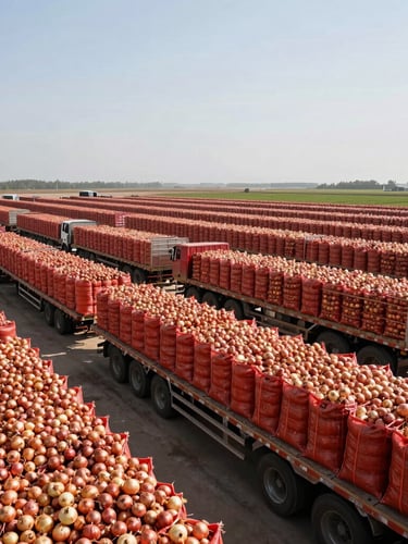 Wide angle landscape shot of a massive agricultural dispatch yard, flatbed trucks loaded with red mesh sacks of uniform onions under bright midday sun, high contrast, industrial scale