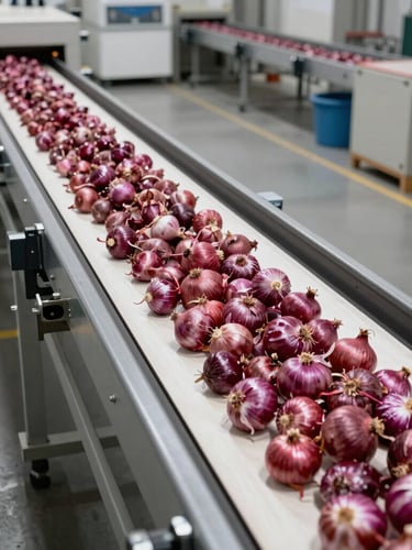 A high-angle shot of an automated agricultural sorting line inside a modern warehouse, bright industrial lighting, red onions being sorted on conveyor belts.