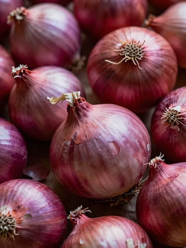 Macro-detail shot of graded red onions showing dry, papery skins and uniform sizing, clean high-contrast warehouse lighting, emphasizing physical product quality