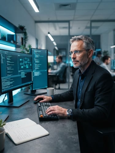 Professional portrait of a senior IT specialist in a clean, modern workspace, cool crisp studio lighting, subtle blue backlighting, sharp focus, 50mm lens.