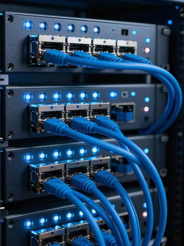 Macro shot of a clean server rack with blue and white status lights, organized ethernet cabling, cool technical studio lighting, sharp 50mm lens
