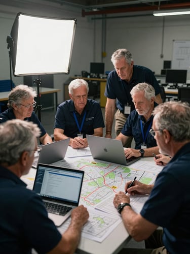 Small team of senior operators gathered around a table covered with printed route maps and laptop screens, directional studio light from one side, focused expressions, industrial workspace background, purposeful collaborative atmosphere