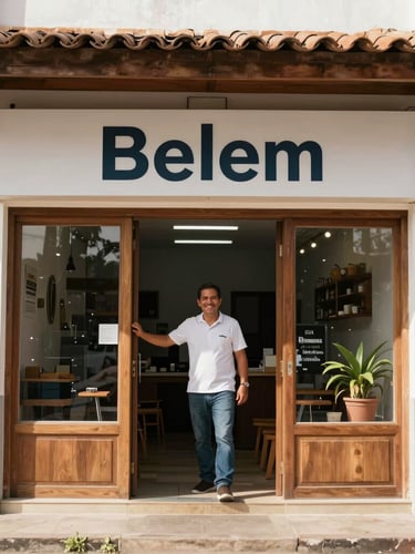 Wide environmental shot of a traditional storefront in Belém, bright equatorial daylight, active local entrepreneur smiling in the doorway, clean modern composition.