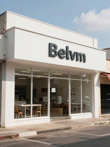 Wide environmental shot of a modern, bright local storefront in Belém, equatorial daylight, clean architectural lines.