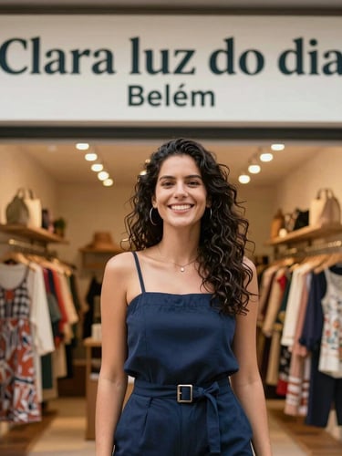 Clara luz do dia sobre empreendedora paraense sorrindo em frente à sua boutique de moda autoral no bairro do Umarizal, Belém.