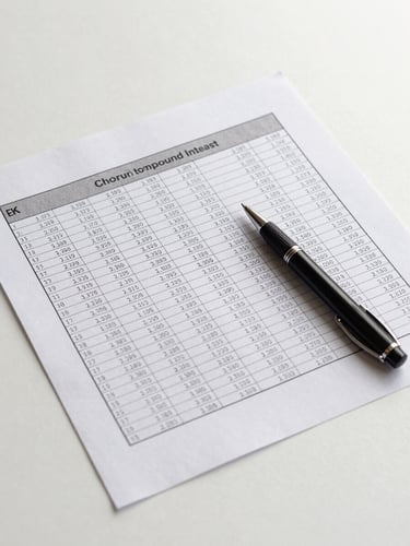 Overhead wide shot of a desk with a printed spreadsheet showing compound interest growth calculations, a pen pointing to a row of numbers, soft neutral studio light, clean white background, no faces