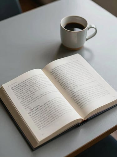 Overhead view of a scholar's desk, an open book with dense handwritten margin notes beside a ceramic cup, soft overcast north-light, no figures, quiet workspace atmosphere