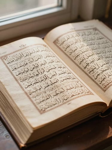 Close-up of an open Arabic manuscript, dense scholarly notation in the margins, yellowed vellum pages under soft north-facing window light, binding visible at left edge, no human figures