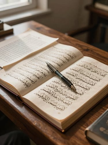 Wide-angle view of a scholar's wooden desk from the left side, open Arabic manuscript and annotated texts spread across the surface, a worn pen resting on the page, soft north-facing window light casting quiet shadows across the paper, no person visible
