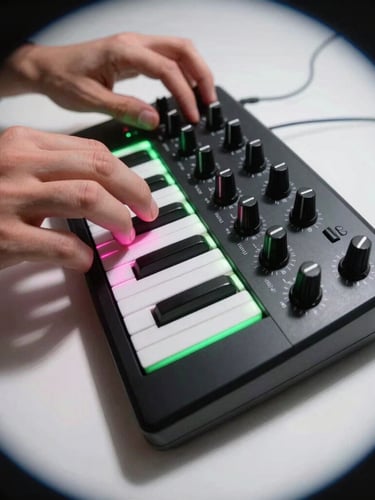 Extreme close-up fish-eye lens perspective of hands on a physical MIDI controller, glowing neon pink and acid green gel lighting, sharp high-exposure shadows, stark white studio background.