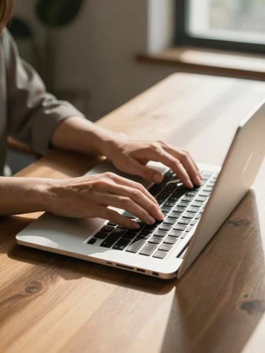 A close-up of a woman's hands typing on a sleek silver laptop on a minimalist wooden desk, soft morning sunlight streaming through a window, casting gentle shadows.