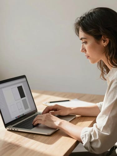 Candid, elegant portrait of a female creative director working in a sunlit studio, soft morning light, warm linen shadows, focusing on a laptop screen showing clean minimalist layouts.