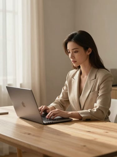 Elegant female professional working on a MacBook at a minimalist wooden desk, soft morning light filtering through linen curtains, warm sand tones, clean composition, editorial style.
