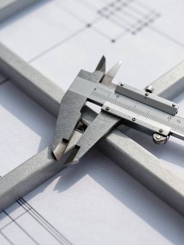 Extreme close-up of a structural blueprint with a steel caliper measuring a joint, sharp shadows, cool gray tones