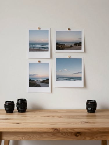 A quiet studio workspace with a clean wooden desk, a mood board pinned to a neutral wall showing soft-exposure editorial photography, gentle shadows, 35mm lens.