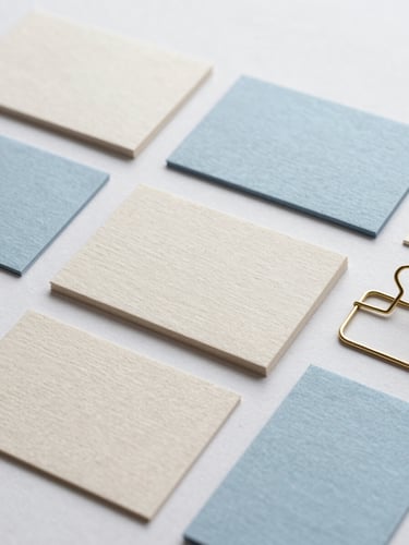 A flat lay of tactile paper samples in pale almond and sky blue tones, textured business cards, and a minimalist brass clip, soft overcast daylight, 35mm lens.