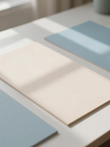 Soft editorial photography of a minimalist design studio desk with tactile paper samples, diffused window shadows, pale almond and sky blue tones, 35mm lens.
