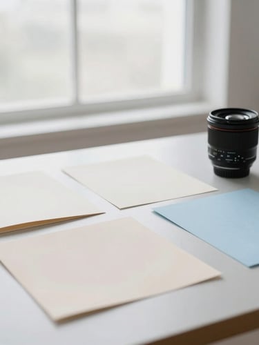 Soft editorial photography of a minimalist studio workspace, diffused overcast window light, pale almond paper samples on a light gray table, 35mm lens