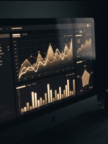 Macro shot of a high-end dark mode analytics dashboard on a sleek monitor, warm sand-gold accent lines glowing on the graphs, moody shadows, 35mm photography