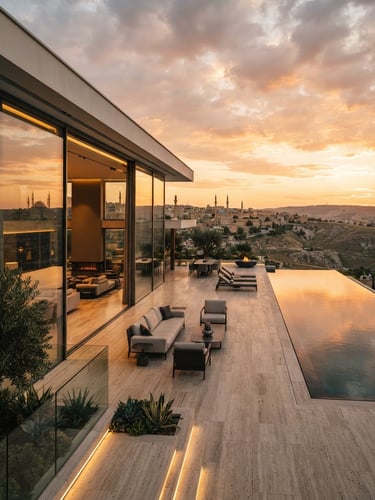 Wide architectural photograph of a modern luxury villa terrace in Şanlıurfa at sunset, featuring sleek minimalist sliding glass systems, warm golden hour reflections on pristine glass, deep contrast, 35mm