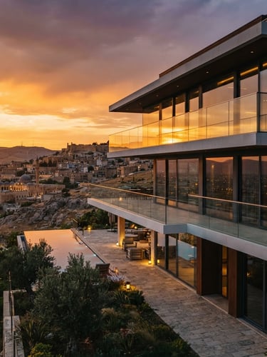 Wide architectural exterior of a luxury villa in Şanlıurfa at sunset, featuring sleek minimalist glass balconies with golden hour reflections, pristine glass surfaces, 35mm photography