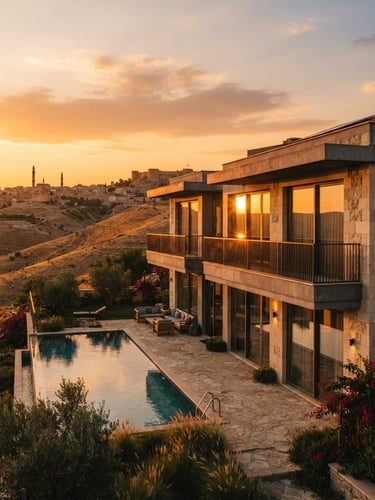 Wide architectural exterior of a luxury villa in Şanlıurfa at sunset, light reflecting off clean glass balcony panels, golden hour, 35mm